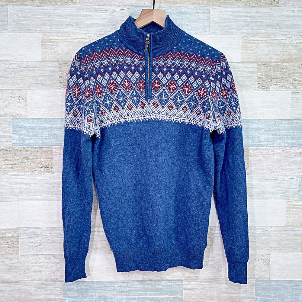 Tahari 100% Cashmere Fair Isle 1/4 Zip Pullover Sweater Blue Mens Small
